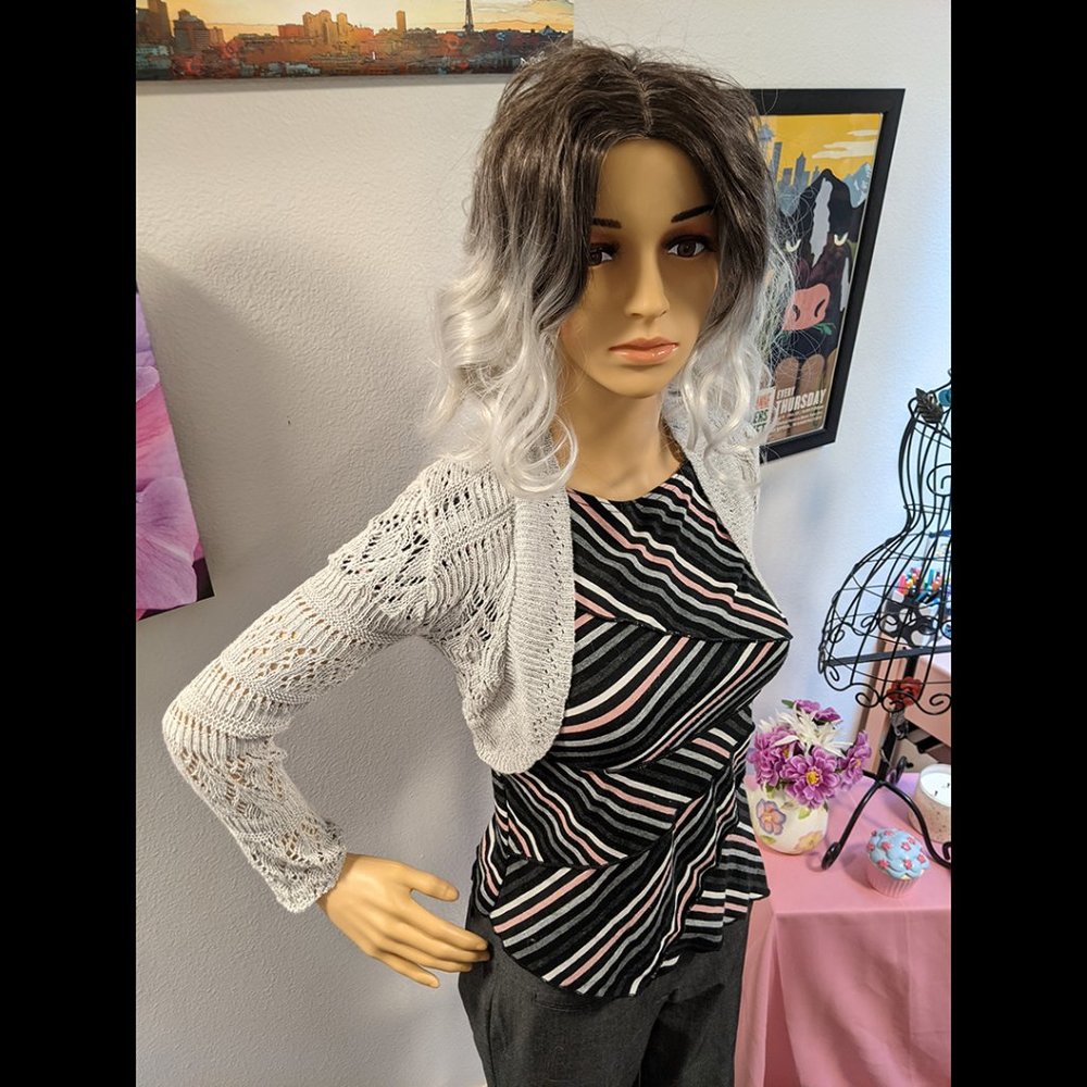 FIORLINI INTERNATIONAL Pink, white, grey, and black Striped Asymmetrical Blouse - Picture 4 of 9